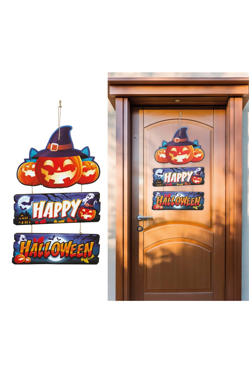 HAPPY HALLOWEEN SIGN PUMPKINS 32X21 CM WOOD