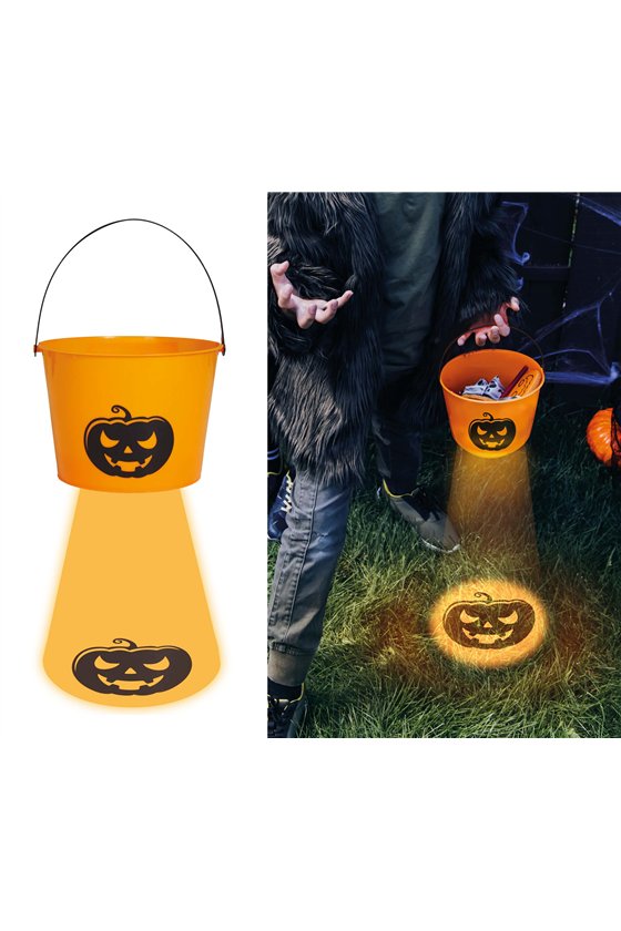 CANDY BUCKET WITH LIGHT UNDERNEATH, ORANGE, 15CM