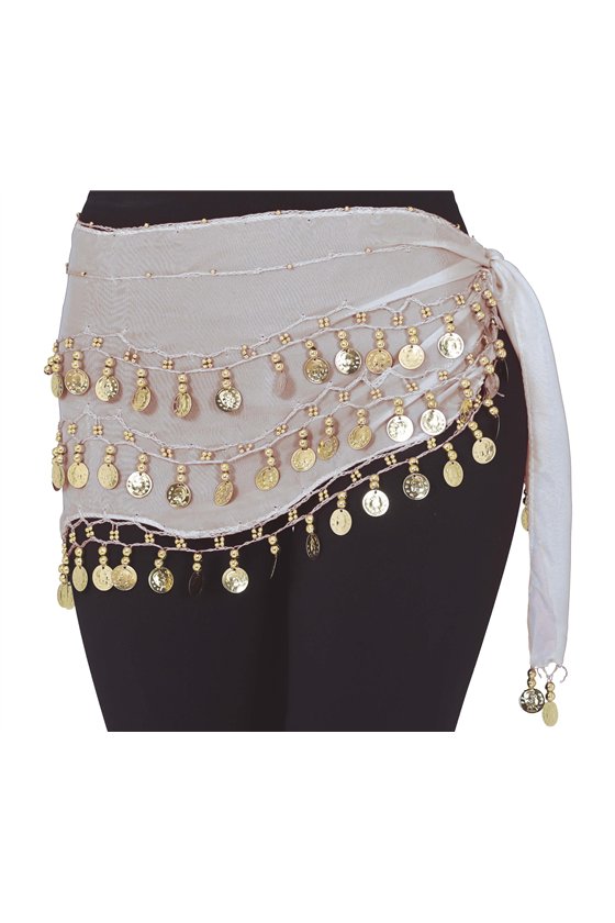 BELLY DANCE HIP SCARF WITH GOLD COINS, WHITE