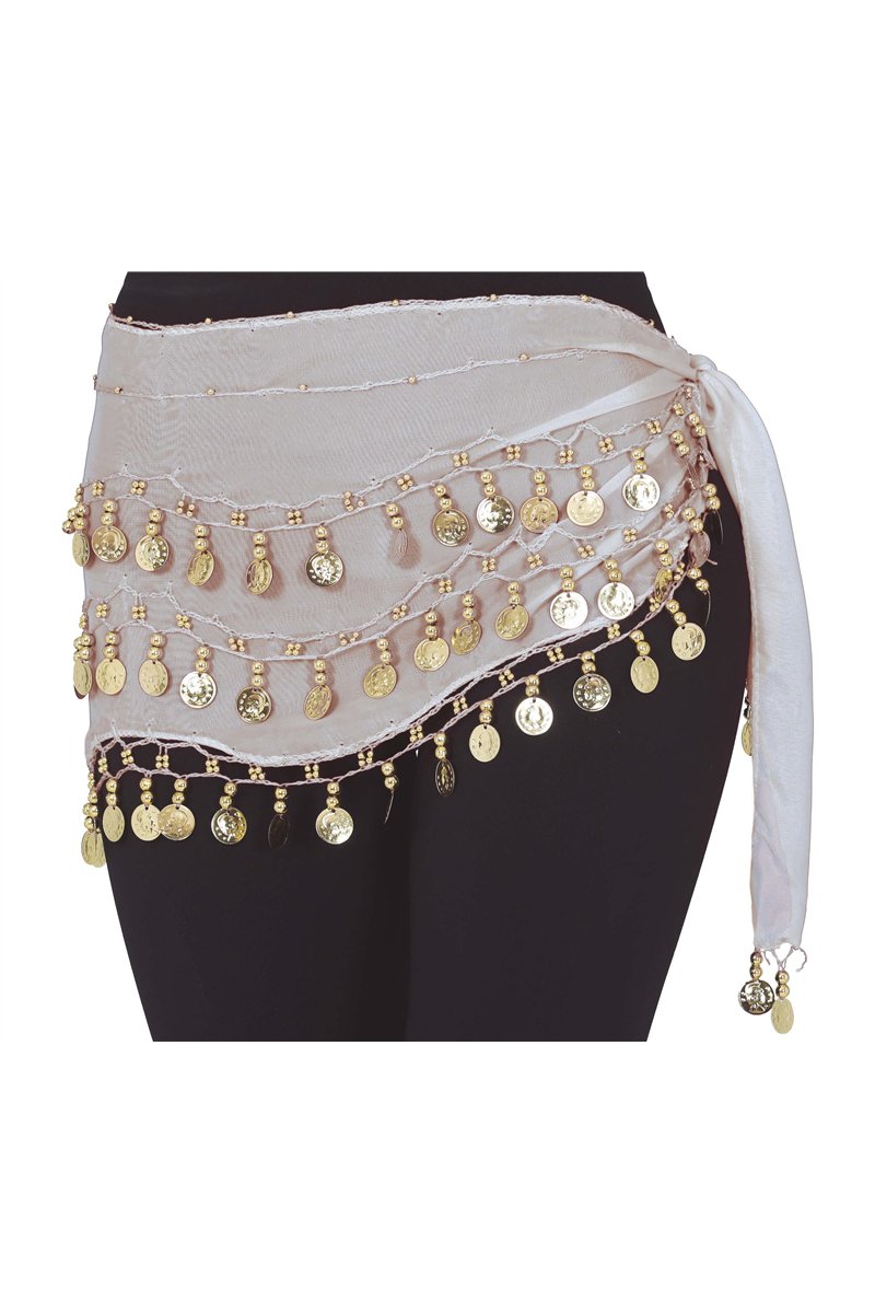 BELLY DANCE HIP SCARF WITH GOLD COINS, WHITE