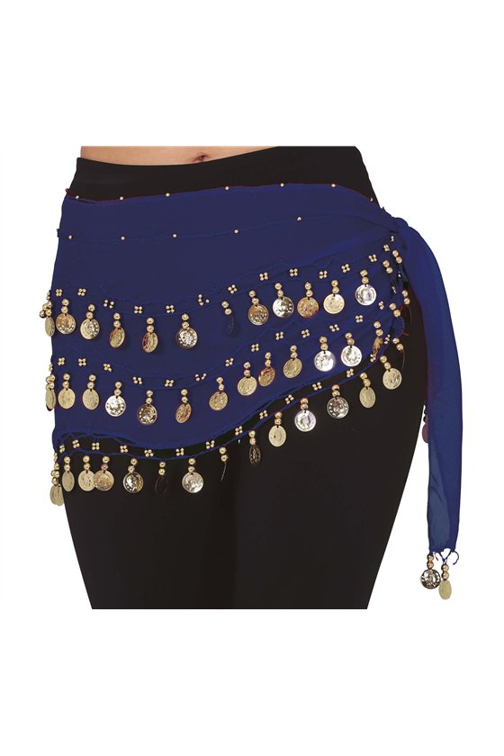 BELLY DANCE HIP SCARF WITH GOLD COINS, BLUE