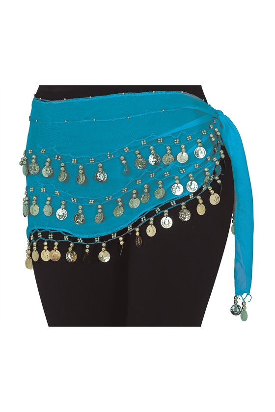 BELLY DANCE HIP SCARF WITH GOLD COINS, LIGHT BLUE