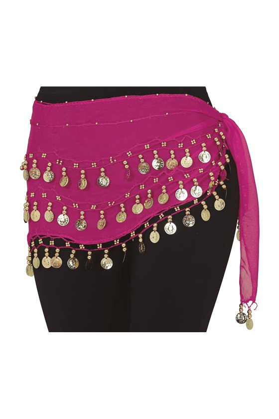 BELLY DANCE HIP SCARF WITH GOLD COINS, PINK