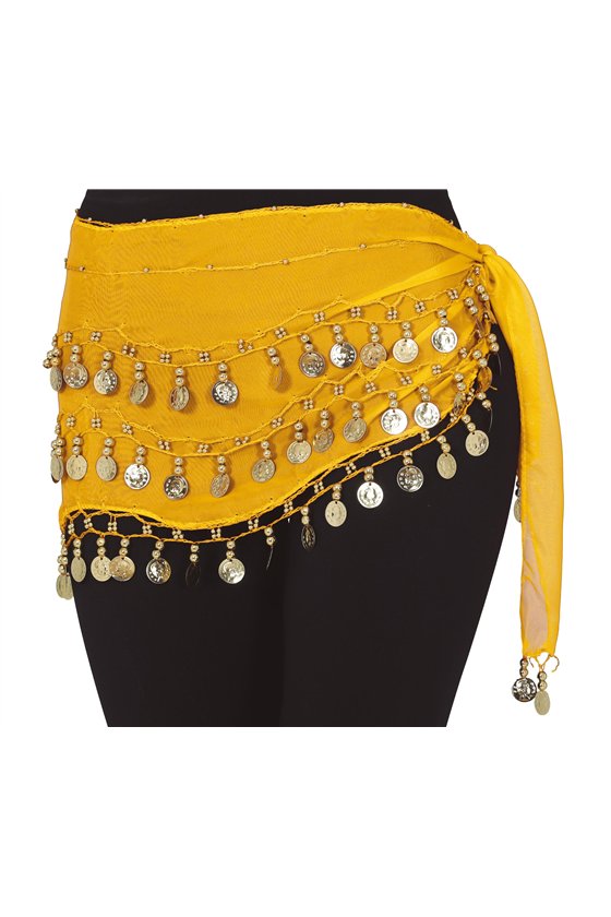 BELLY DANCE HIP SCARF WITH GOLD COINS, YELLOW