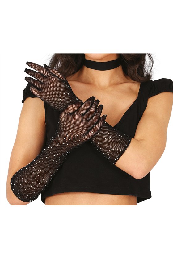 MESH GLOVES WITH RHINESTONES, 30 CMS, BLACK, ADULT