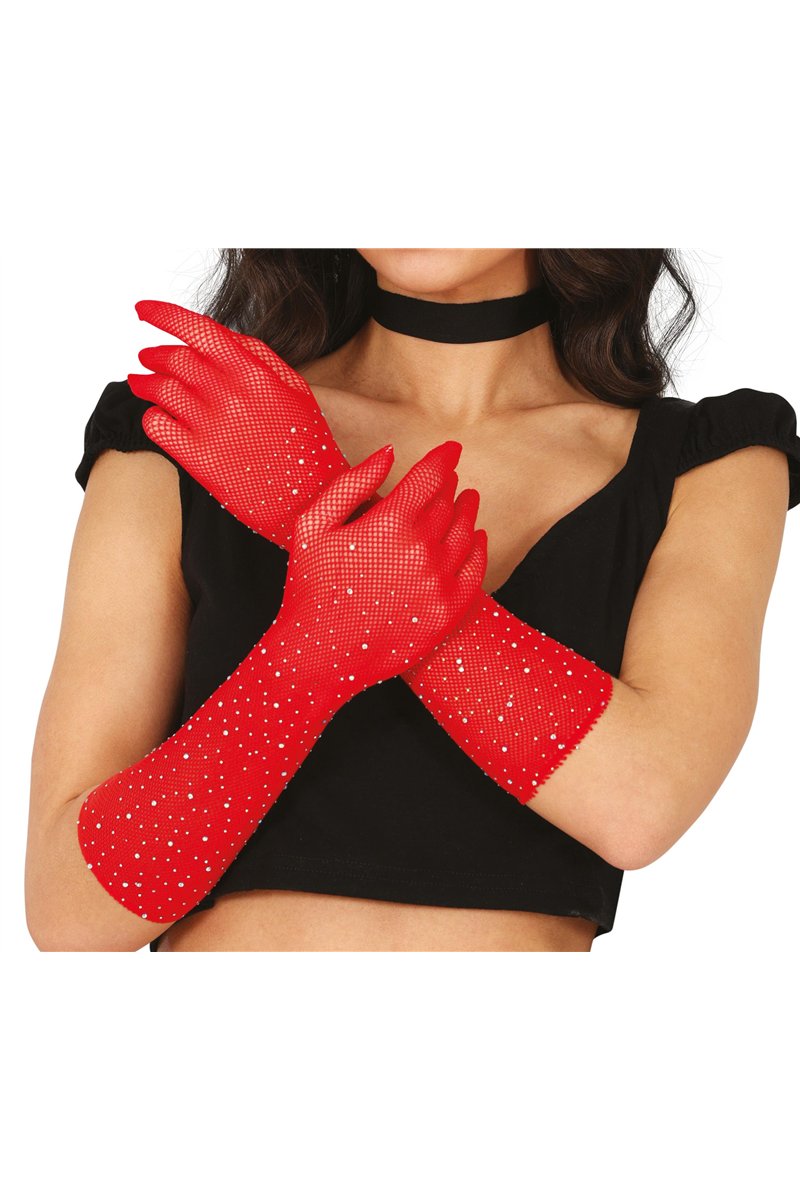 MESH GLOVES WITH RHINESTONES, 30 CMS, RED, ADULT
