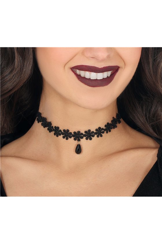 BLACK EMBROIDERED CHOKER WITH FLOWERS