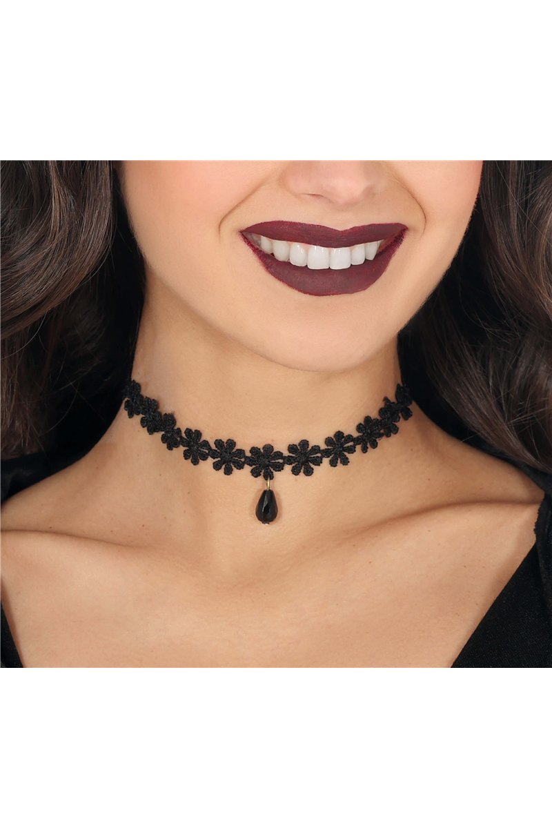 BLACK EMBROIDERED CHOKER WITH FLOWERS