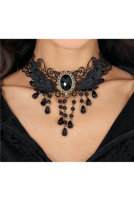 BLACK EMBROIDERED CHOKER WITH BEADS