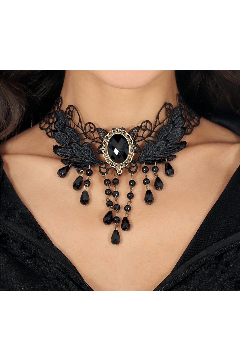 BLACK EMBROIDERED CHOKER WITH BEADS