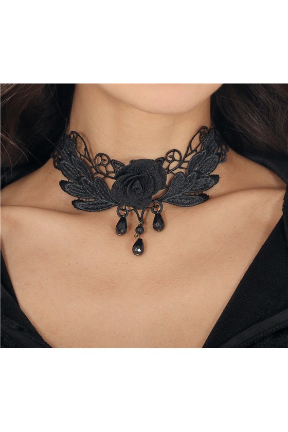 BLACK ROSE EMBROIDERED CHOKER