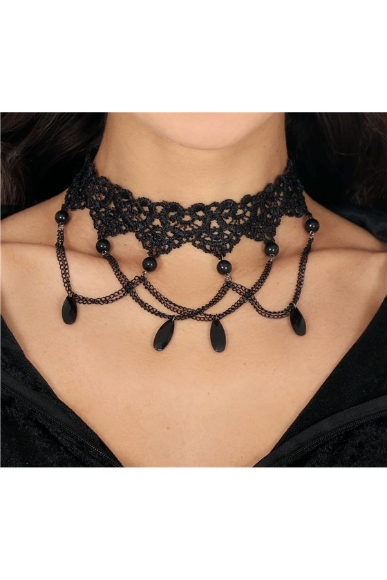 BLACK EMBROIDERED CHOKER WITH BEADS