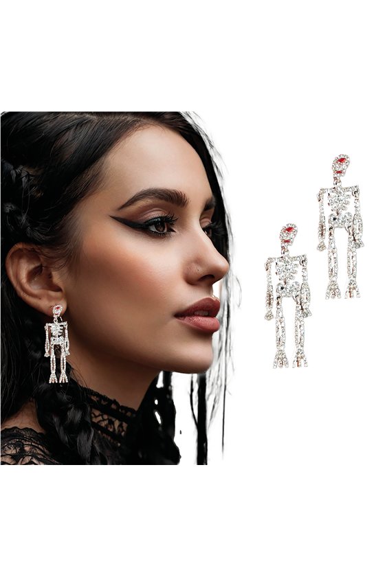 SPARKLING SKELETON EARRINGS SILVER, 6.5 CM