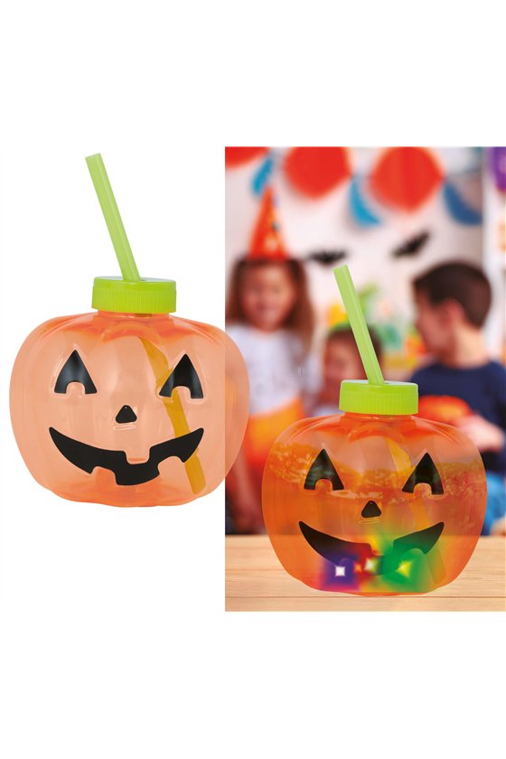 PUMPKIN CUP WITH STRAW, LED, 17 CM