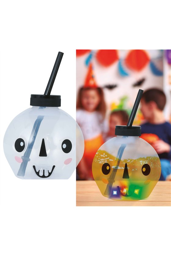 SKULL CUP WITH STRAW, LED, 17 CM