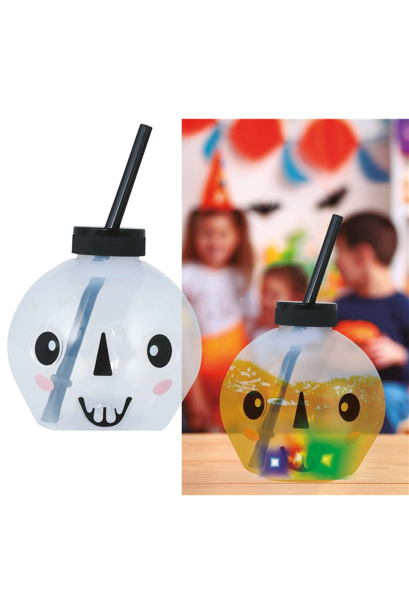 SKULL CUP WITH STRAW, LED, 17 CM