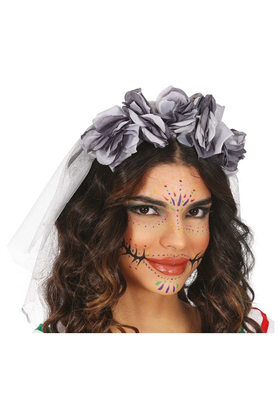 HEADBAND WITH VEIL AND GREY FLOWERS