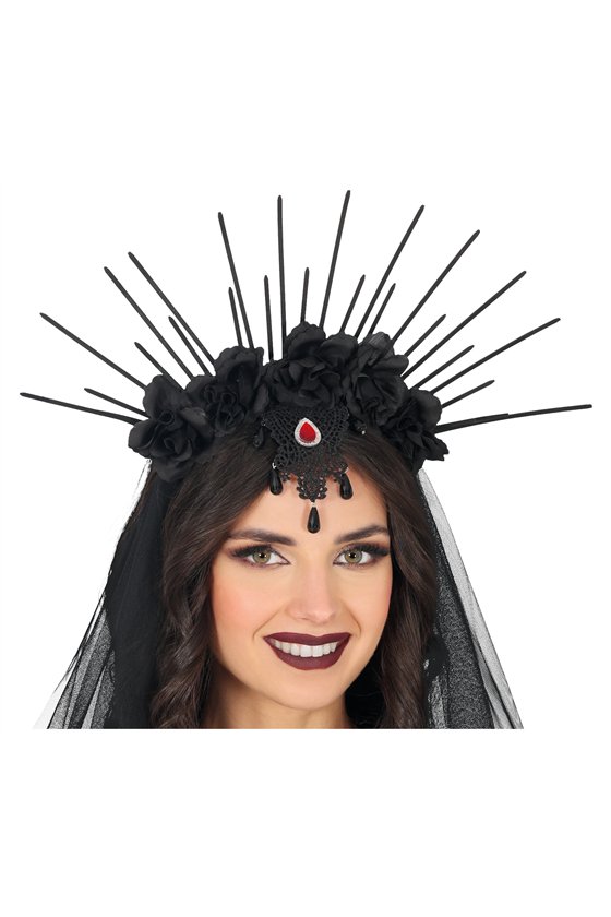 HEADBAND WITH VEIL AND BLACK FLOWERS