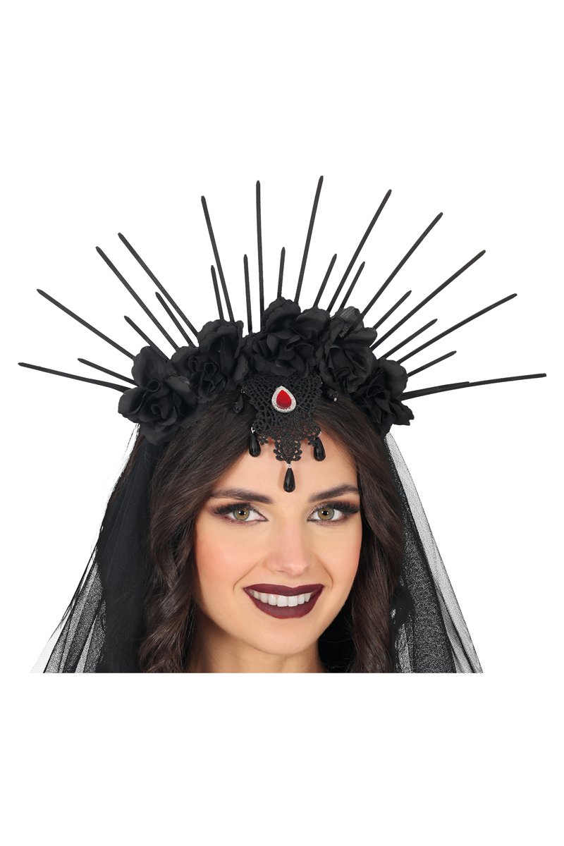 HEADBAND WITH VEIL AND BLACK FLOWERS