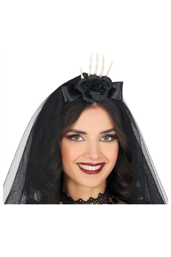 HEADBAND WITH HAND VEIL AND BLACK FLOWER