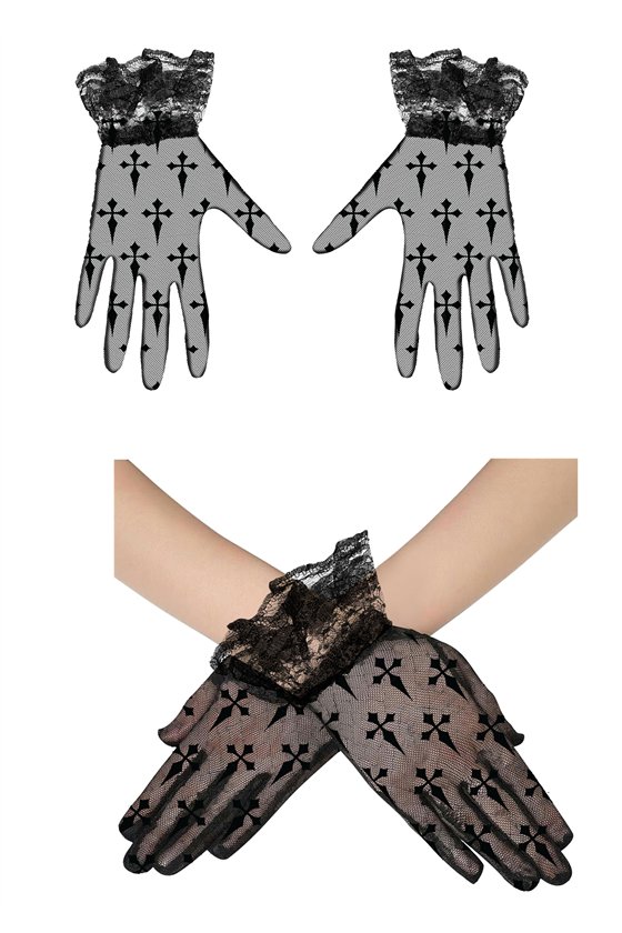 LACE FABRIC GLOVES CROSSES BLACK 22 CM