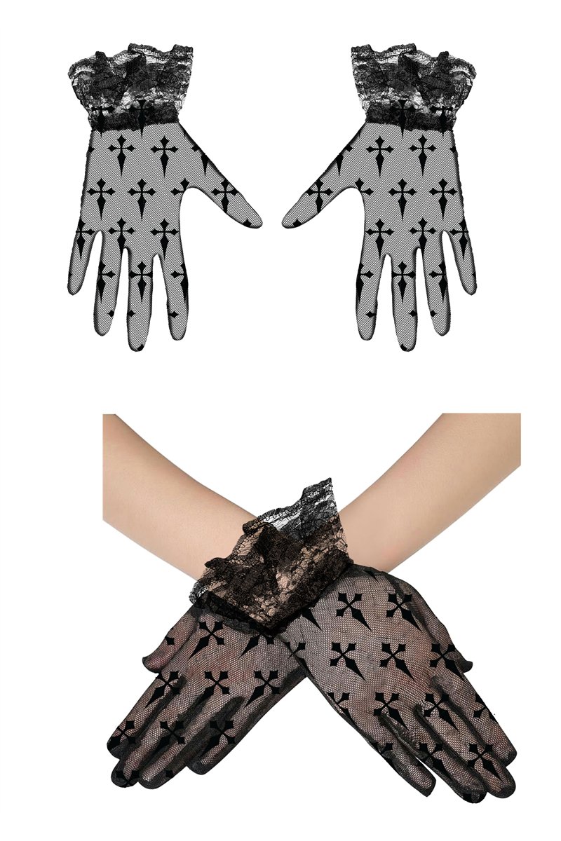LACE FABRIC GLOVES CROSSES BLACK 22 CM