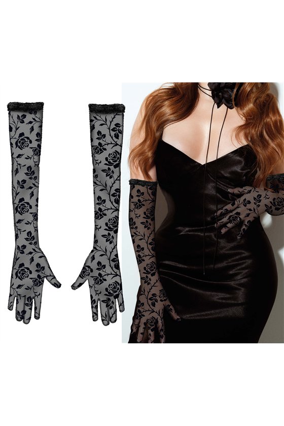 LACE FABRIC GLOVES FLOWERS BLACK 38 CM