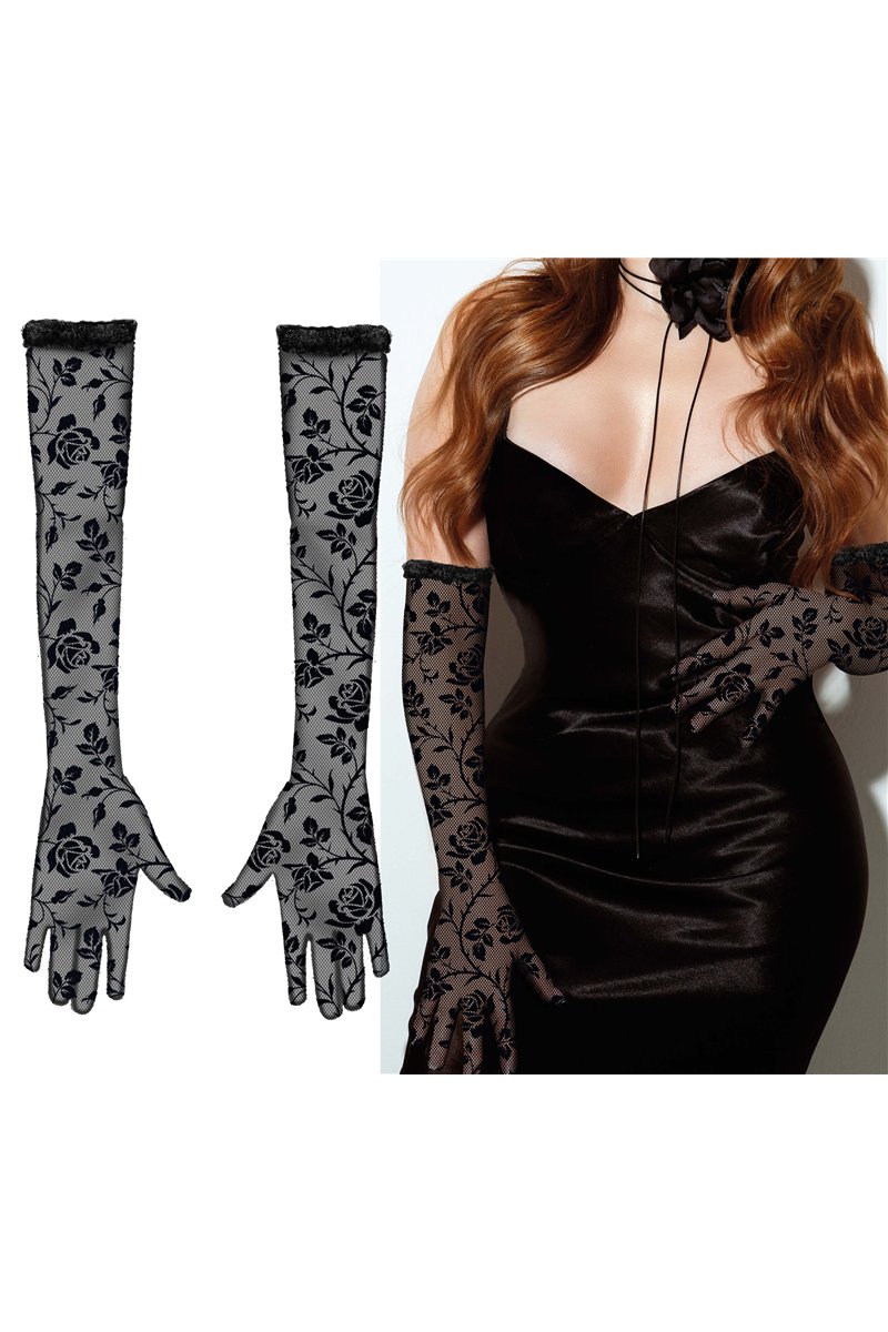 LACE FABRIC GLOVES FLOWERS BLACK 38 CM