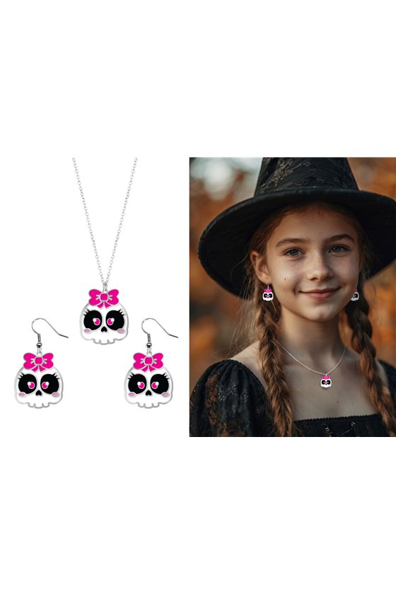 EARRINGS AND NECKLACE HALLOWEEN SET, SKULL LACE