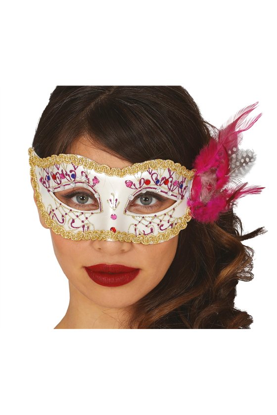 WHITE WITH PINK FEATHER MASK