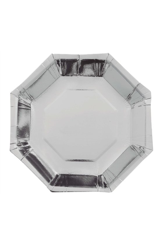 BAG 6 OCTAGONAL SILVER PLATES 23 CMS