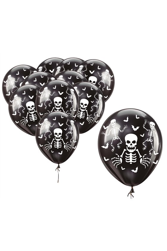 BAG 10 BLACK SKELETON BALLOONS 30 CM