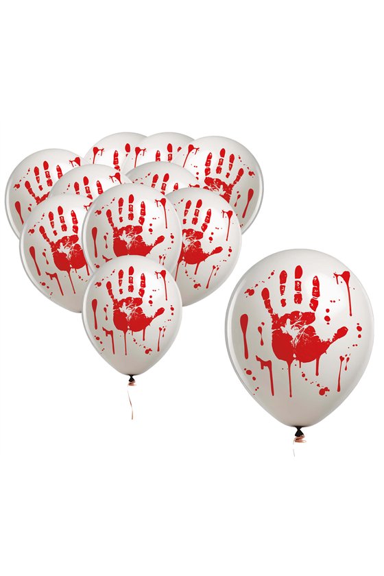 BAG 10 WHITE BLOODY HANDPRINT BALLOONS 30 CM