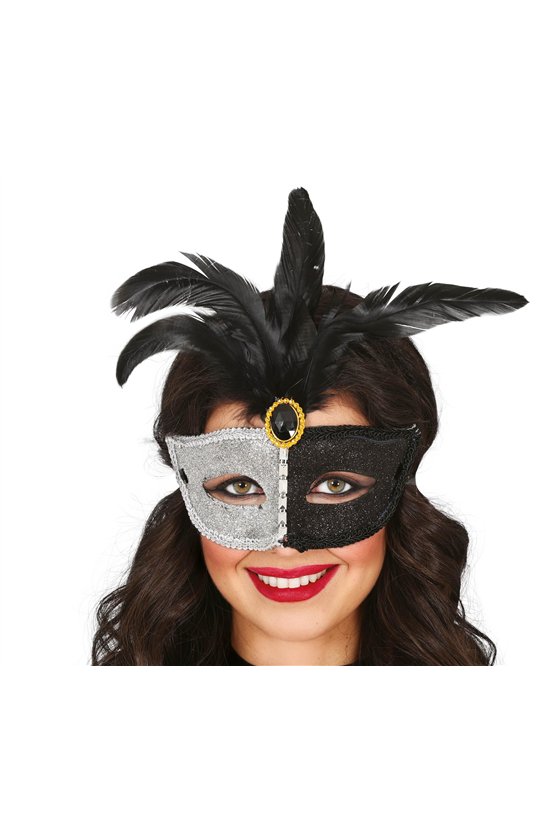 BLACK AND WHITE MASK WITH BLACK FEATHER