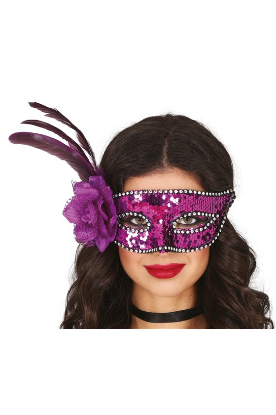 PURPLE SEQUINED MASK WITH FEATHER
