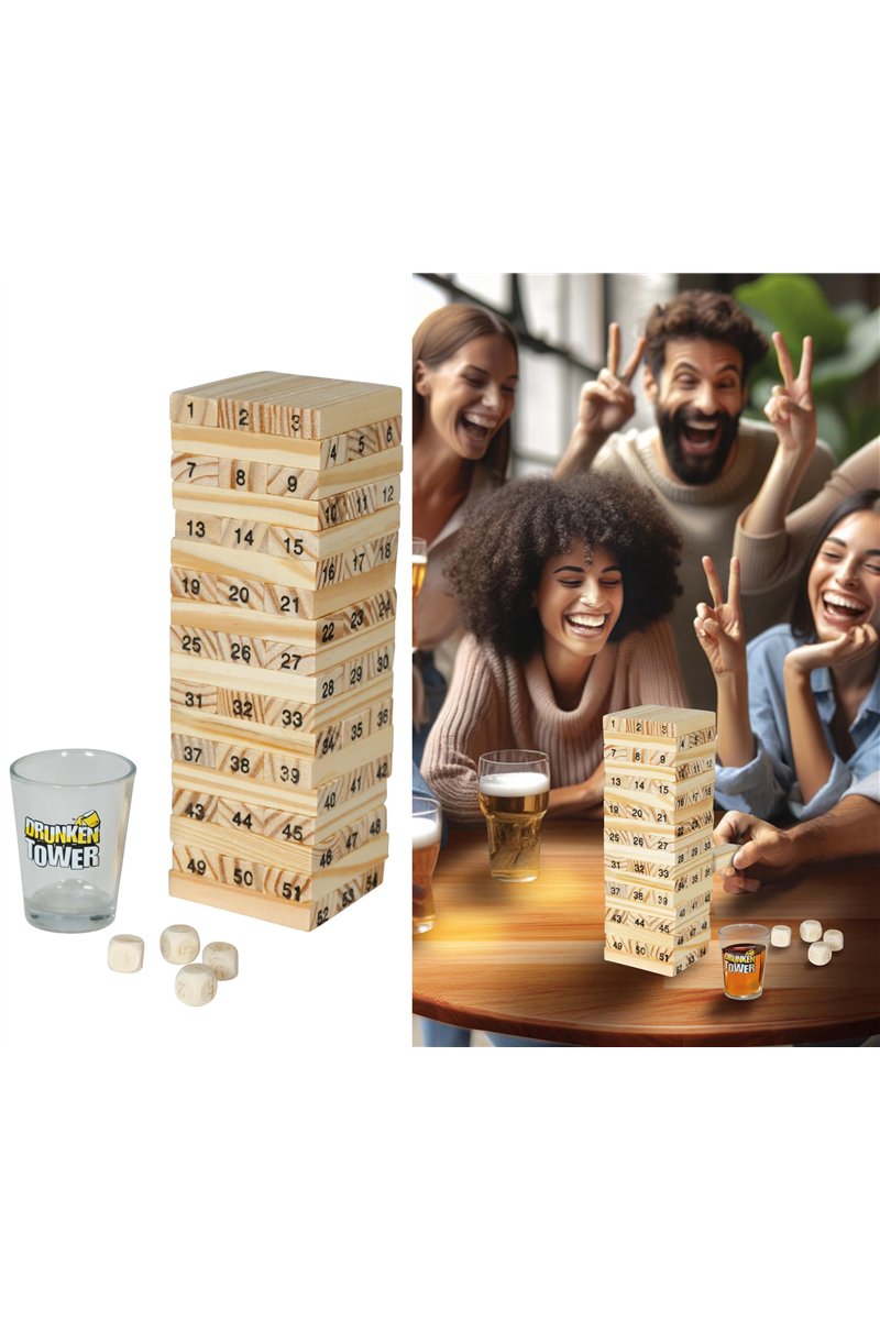DRINKING GAME WOODEN BLOCKS & 4 SHOT GLASSES