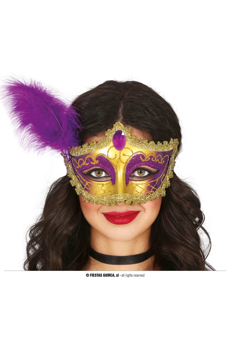 GOLD/PURPLE MASK WITH FEATHER