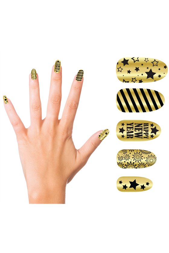 12 HAPPY NEW YEAR GOLDEN NAILS WITH ADHESIVE