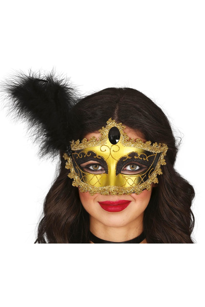GOLD/BLACK MASK WITH FEATHER