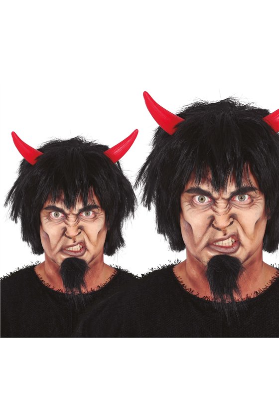 DEVIL BLACK WIG WITH RED HORNS, IN BOX