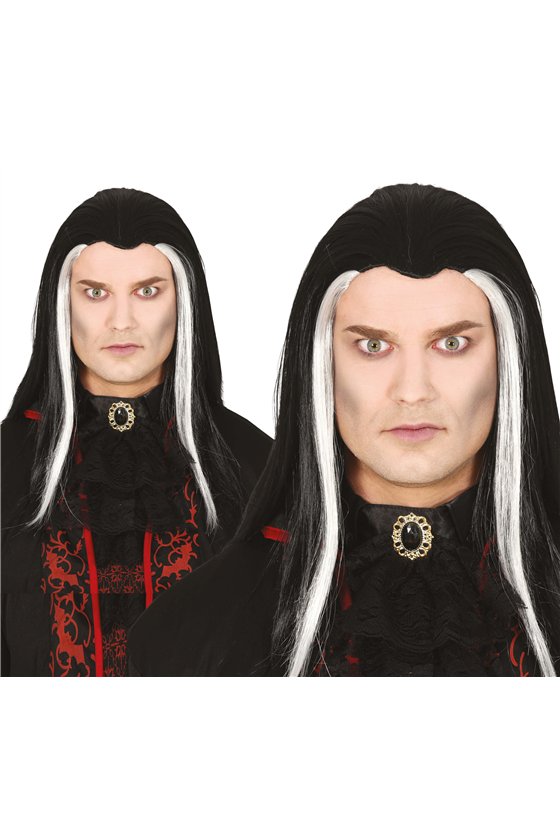 LONG BLACK VAMPIRE WIG WITH WHITE STREAKS, IN BOX