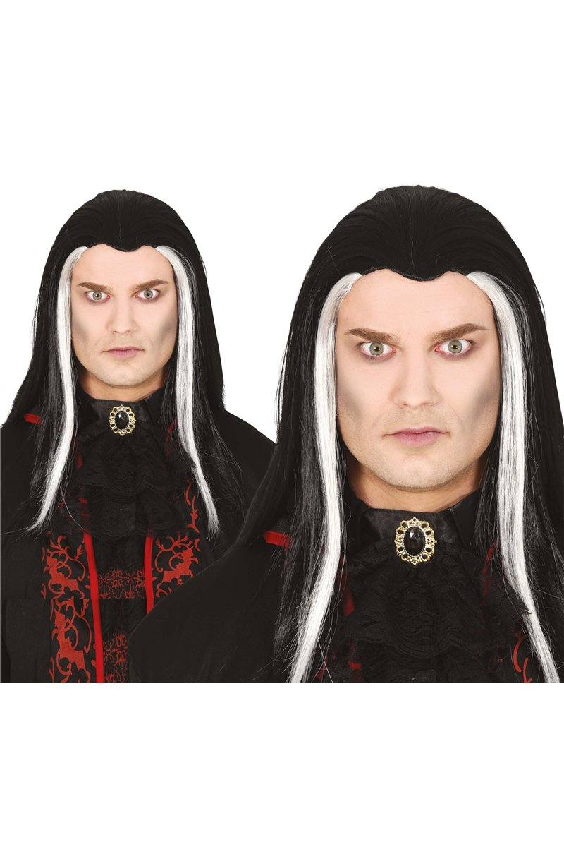 LONG BLACK VAMPIRE WIG WITH WHITE STREAKS, IN BOX