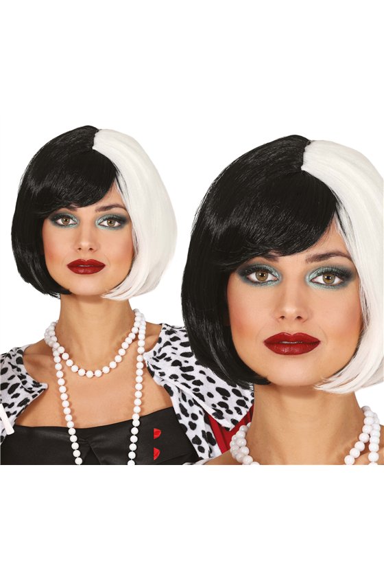 BLACK AND WHITE BOB WIG WITH PONY, IN BOX