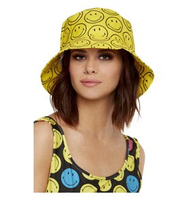 Smiley Printed Bucket Hat, Yellow & Black