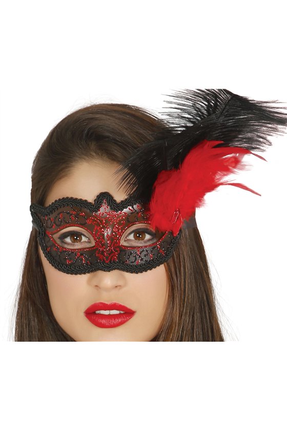 DECORATED RED MASK WITH FEATHER