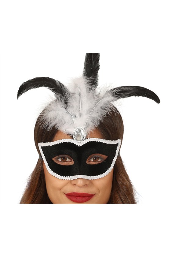 BLACK VELVET MASK WITH WHITE FEATHERS