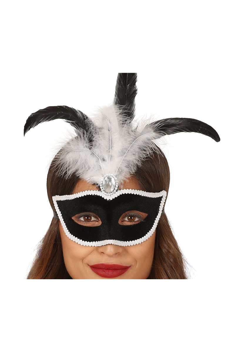 BLACK VELVET MASK WITH WHITE FEATHERS