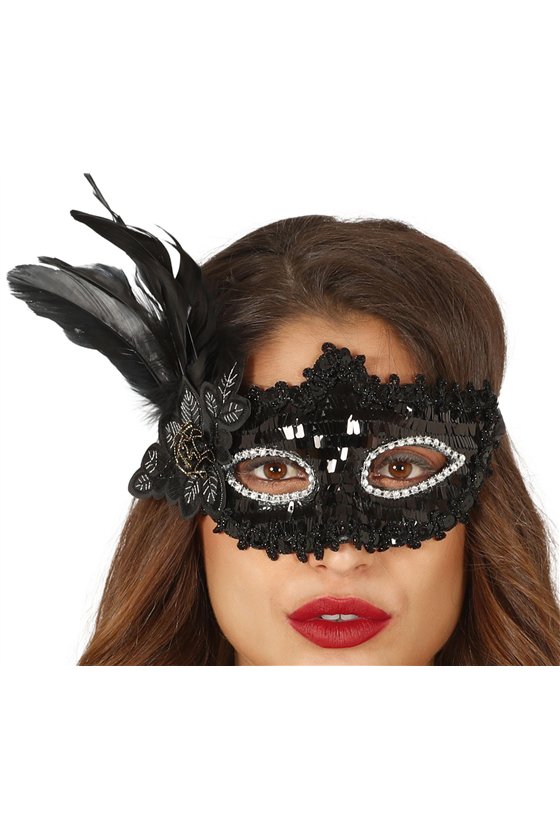 BLACK MASK WITH FLOWER AND FEATHER