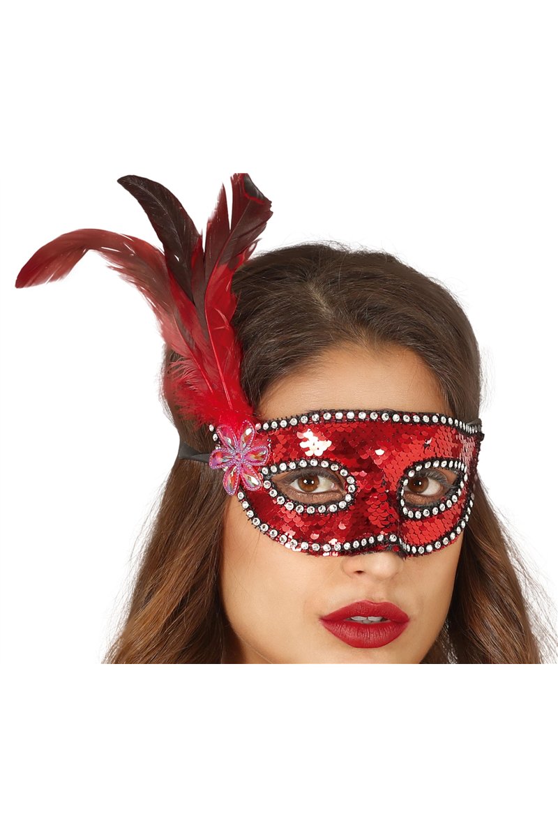 RED SEQUINS MASK WITH FEATHERS