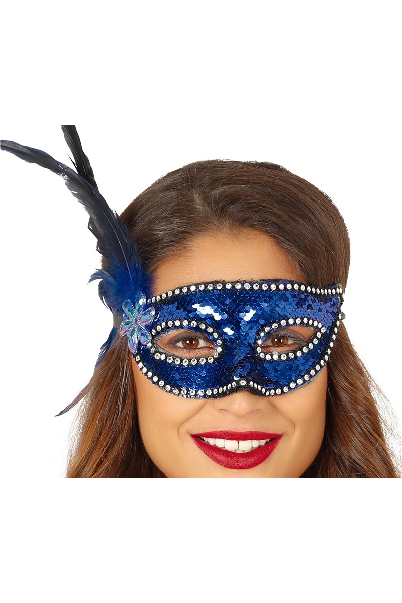 BLUE SEQUINS MASK WITH FEATHERS